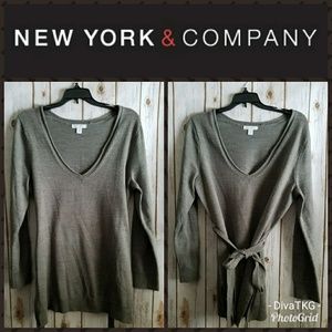 New York and Company Grey Belted V Neck Sweater